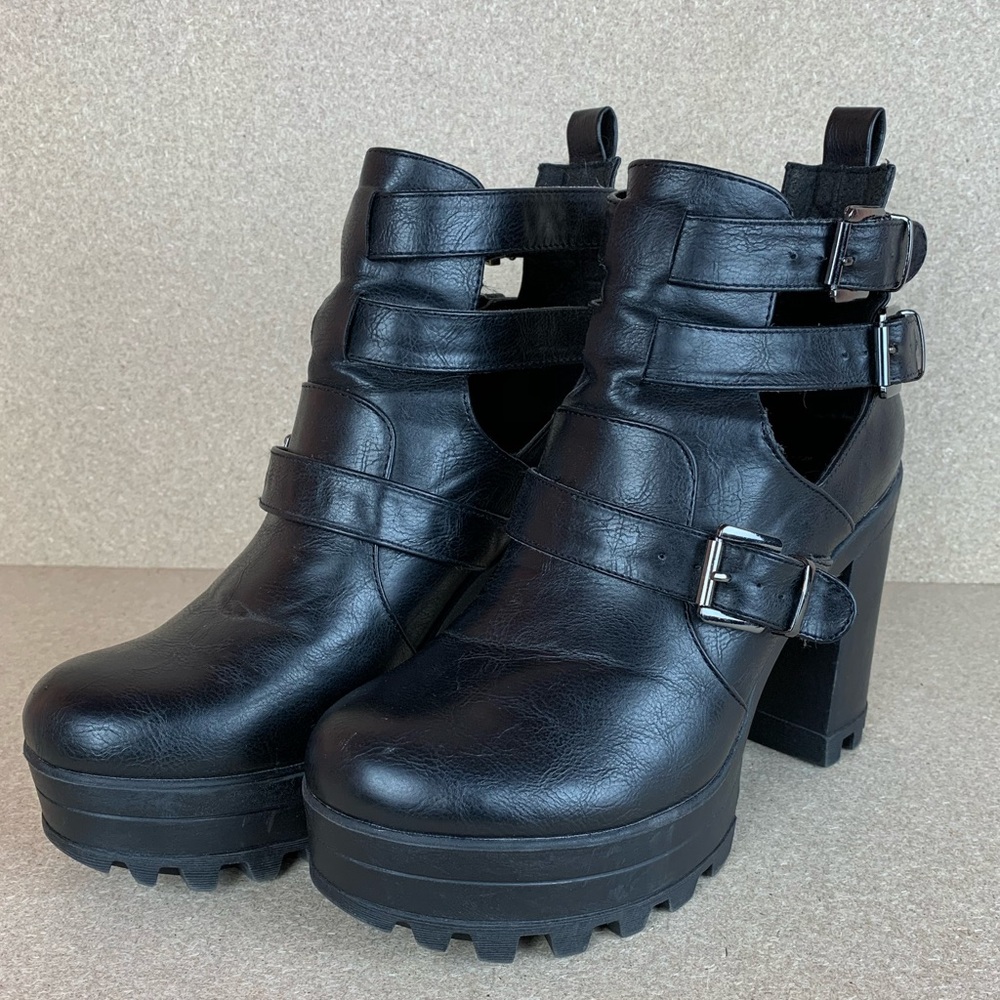 Platform Buckle Platform Heels Black Heeled Boots